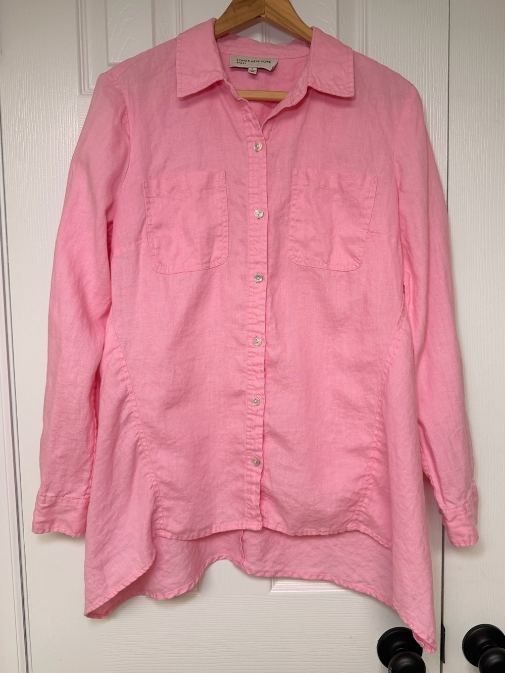 Jones New York 100% Linen Button Down Shirt Pink High Low Tunic Coastal Resort